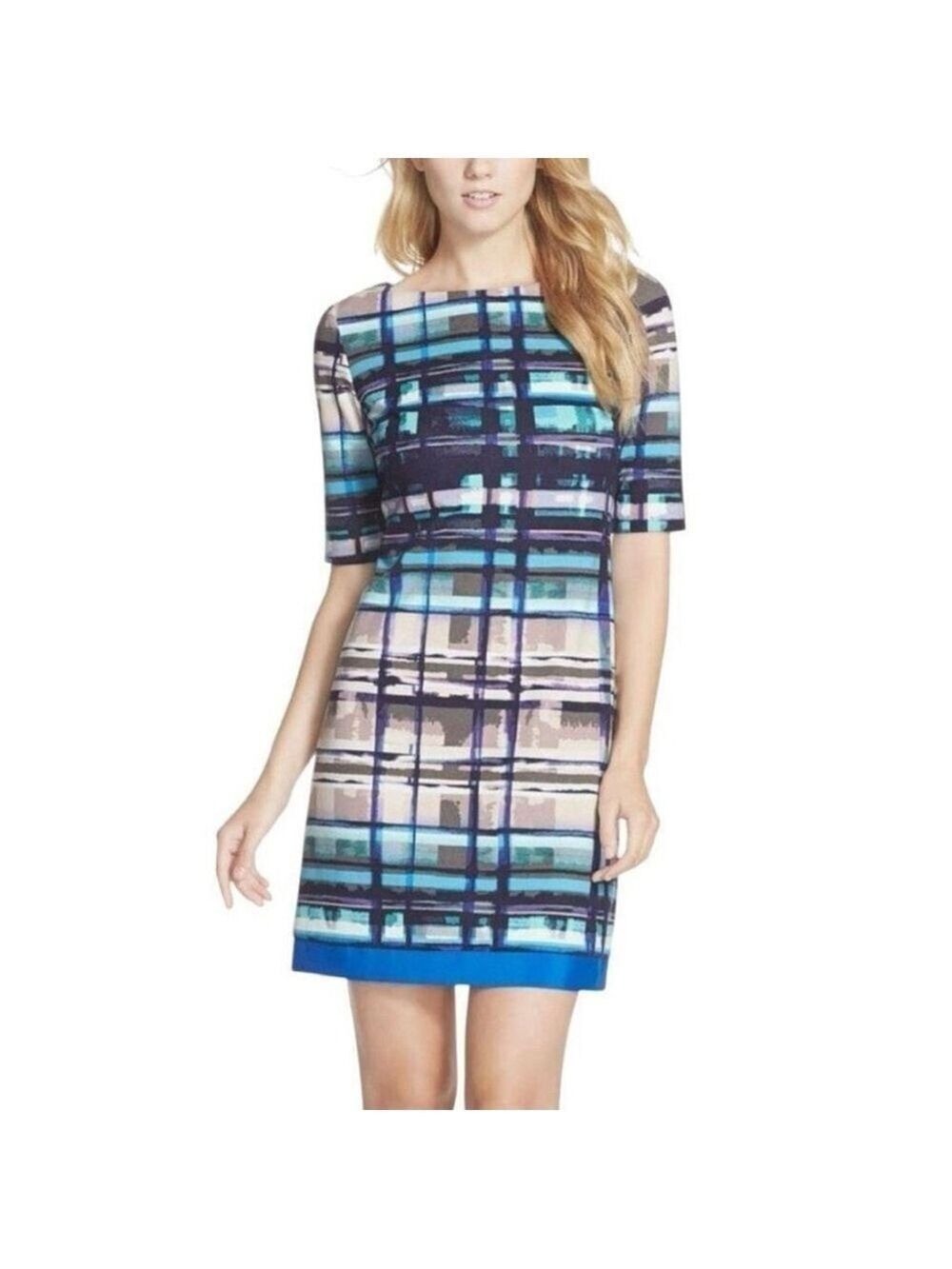 ELIZA J shift dress back zipper short sleeves fully lined blue grey black sz 14